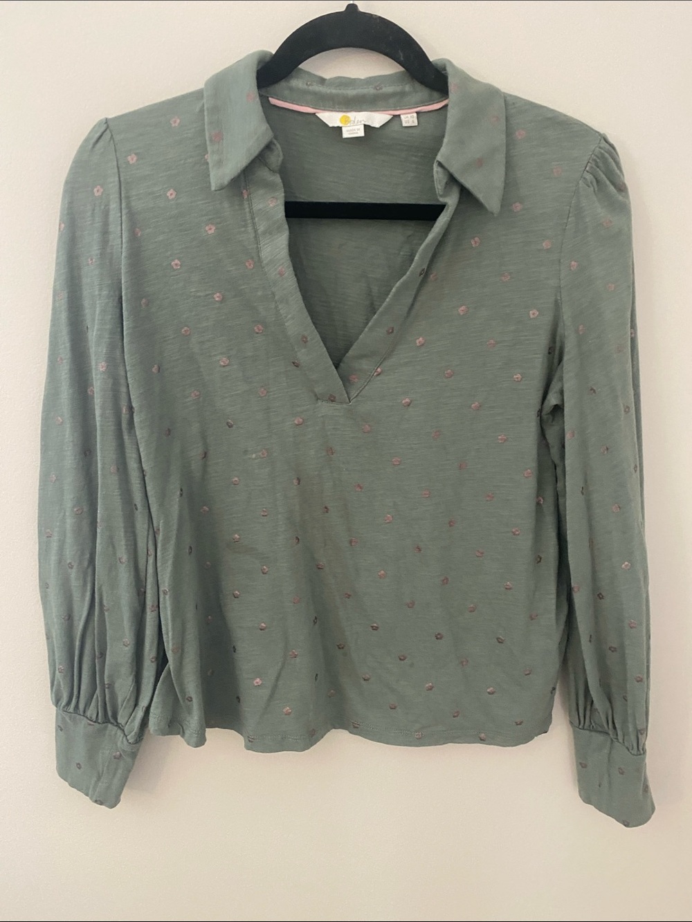 Boden Sage Green Collared V-Neck Blouse with Pink Dot Embroidery